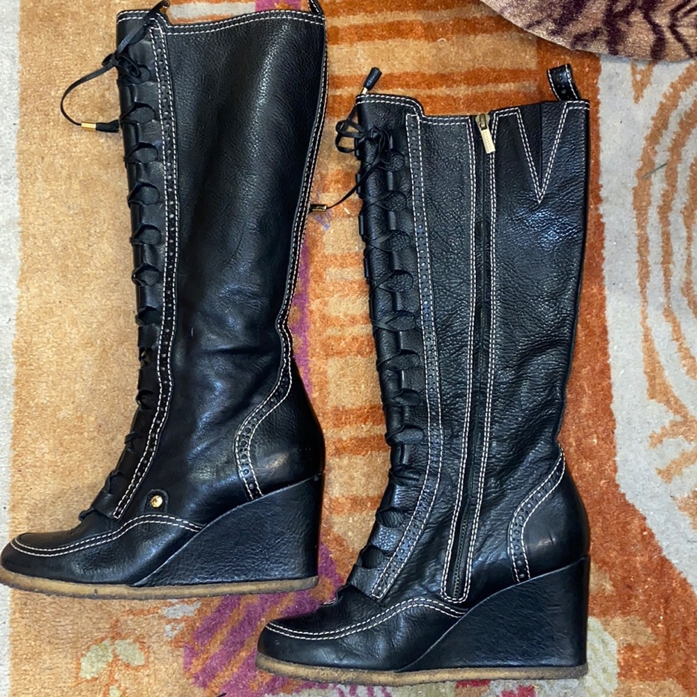 Burberry 38 wedge heel black lace up boots